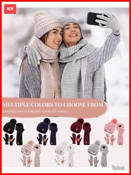 Winter Beanie Scarf Gloves Set, Fleece Lined Pom Pom Hat, Touchscreen Gloves
